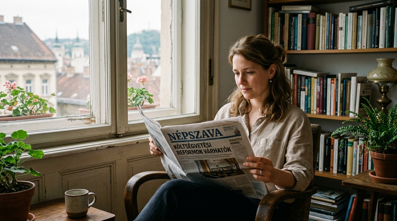 Magyar nő harmincas éveiben egy budapesti lakás magas ablaka mellett, reggeli újságot olvas, lágy természetes fényben